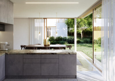 Open-plan luxury kitchen with floor-to-ceiling glazing